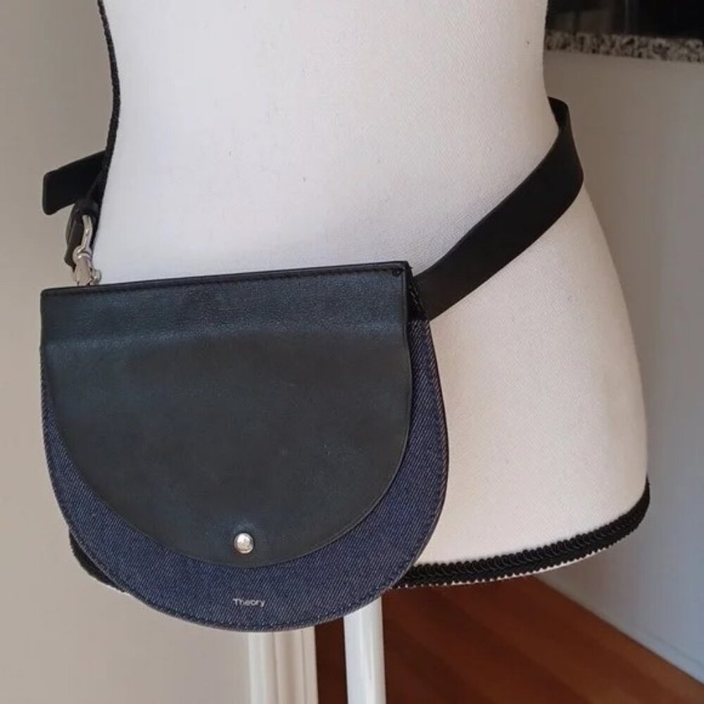 Theory Post Saddle Mini Belt Bag Black with Navy Denim